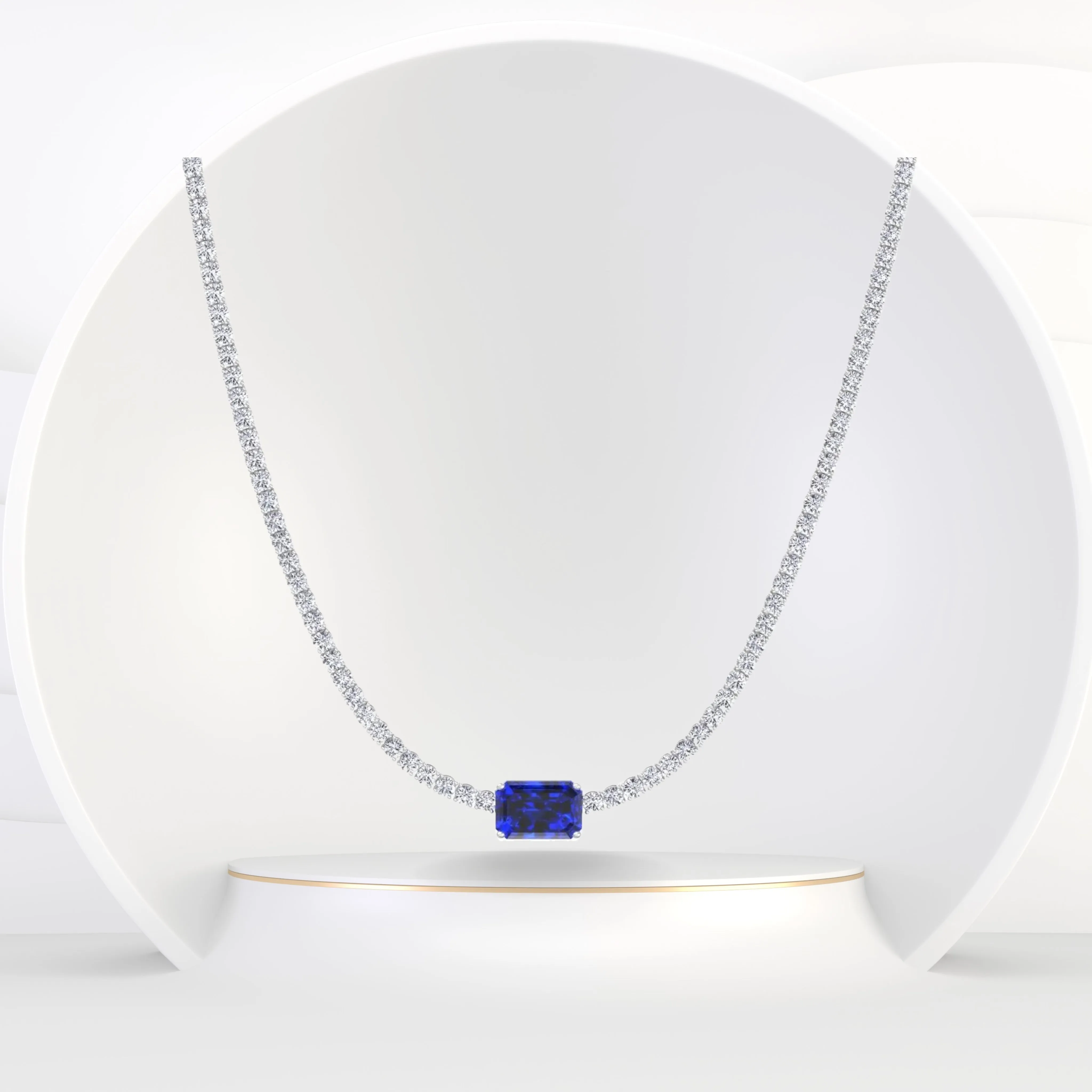 (12CT T.W.) Single Stone Natural Blue Sapphire Diamond Tennis Necklace