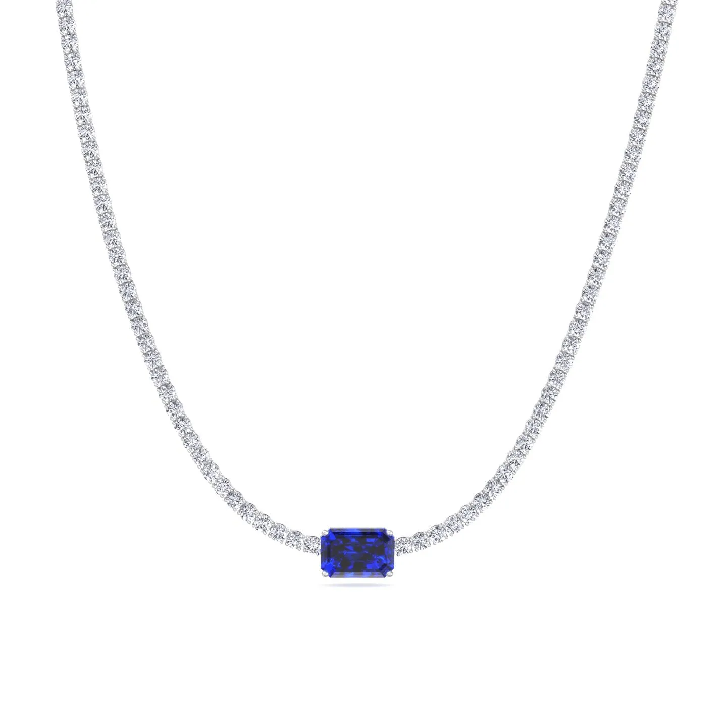 (12CT T.W.) Single Stone Natural Blue Sapphire Diamond Tennis Necklace