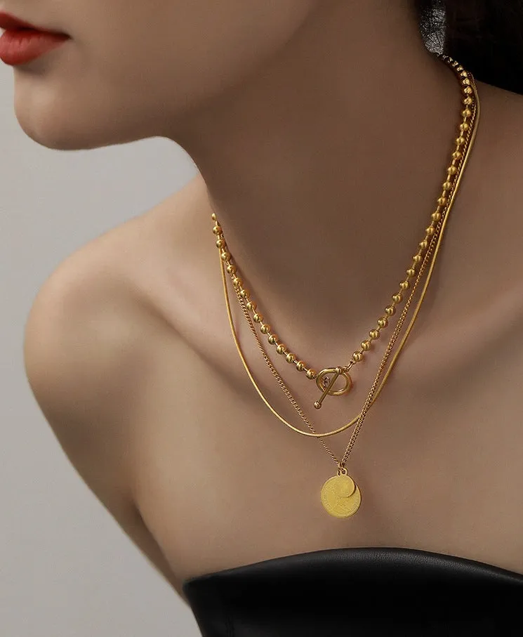 18k Gold Filled Queen Portrait Coin Multi Layered Necklace Stainless Steel