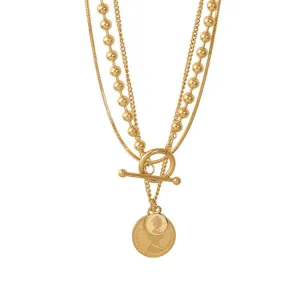 18k Gold Filled Queen Portrait Coin Multi Layered Necklace Stainless Steel