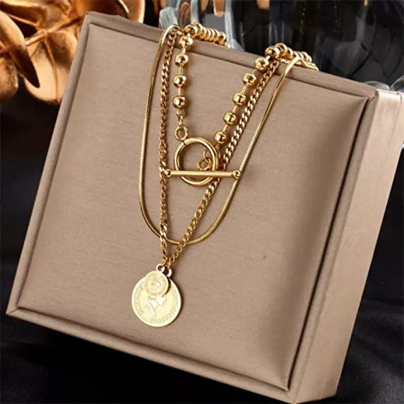 18k Gold Filled Queen Portrait Coin Multi Layered Necklace Stainless Steel