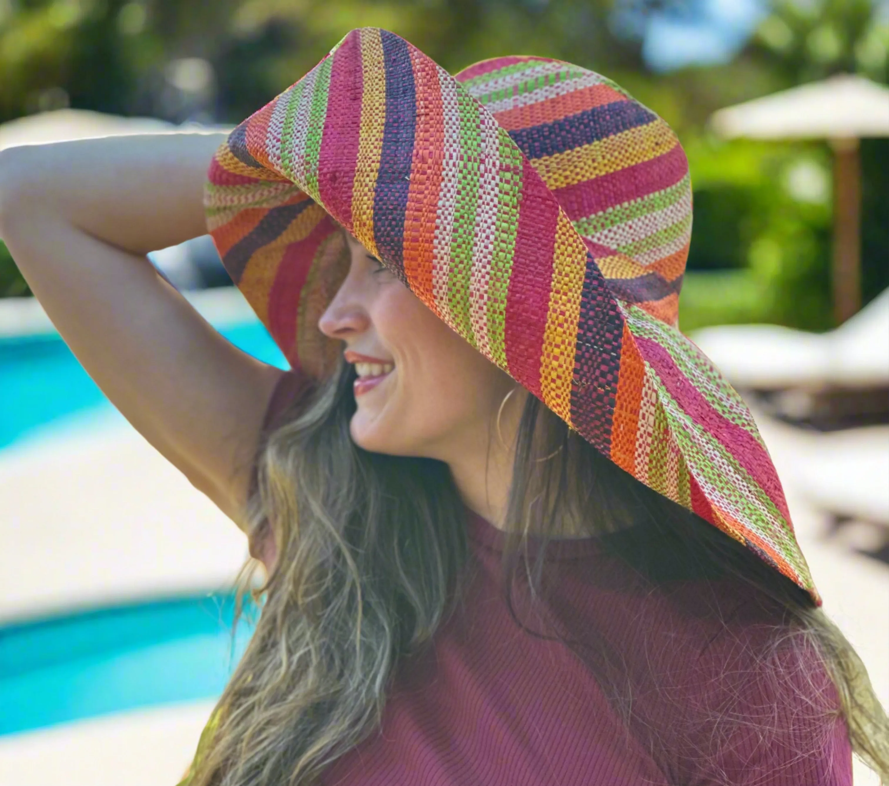 5" & 7" Wide Brim Multicolor Stripe Pattern Packable Straw Sun Hats