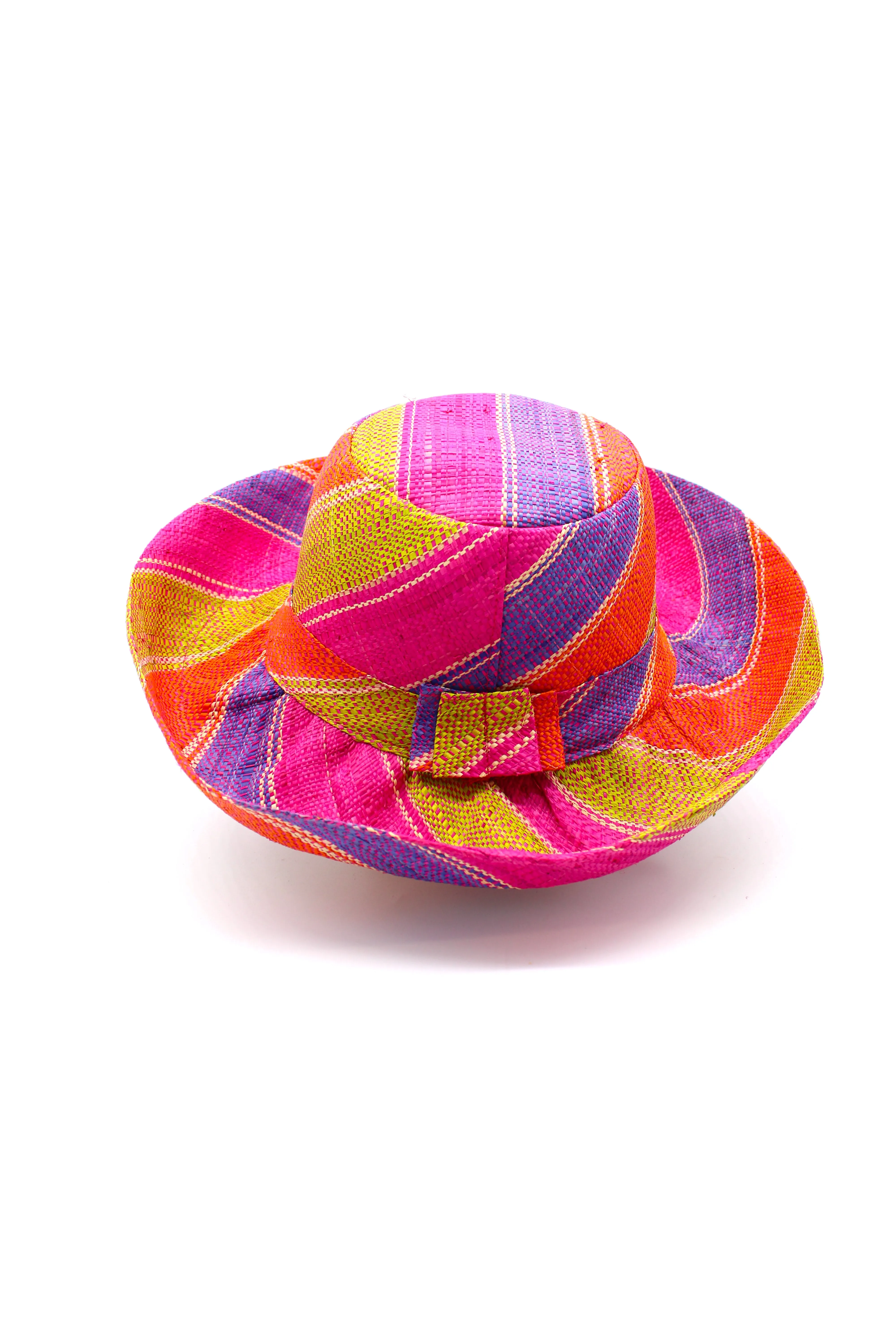 5" & 7" Wide Brim Multicolor Stripe Pattern Packable Straw Sun Hats