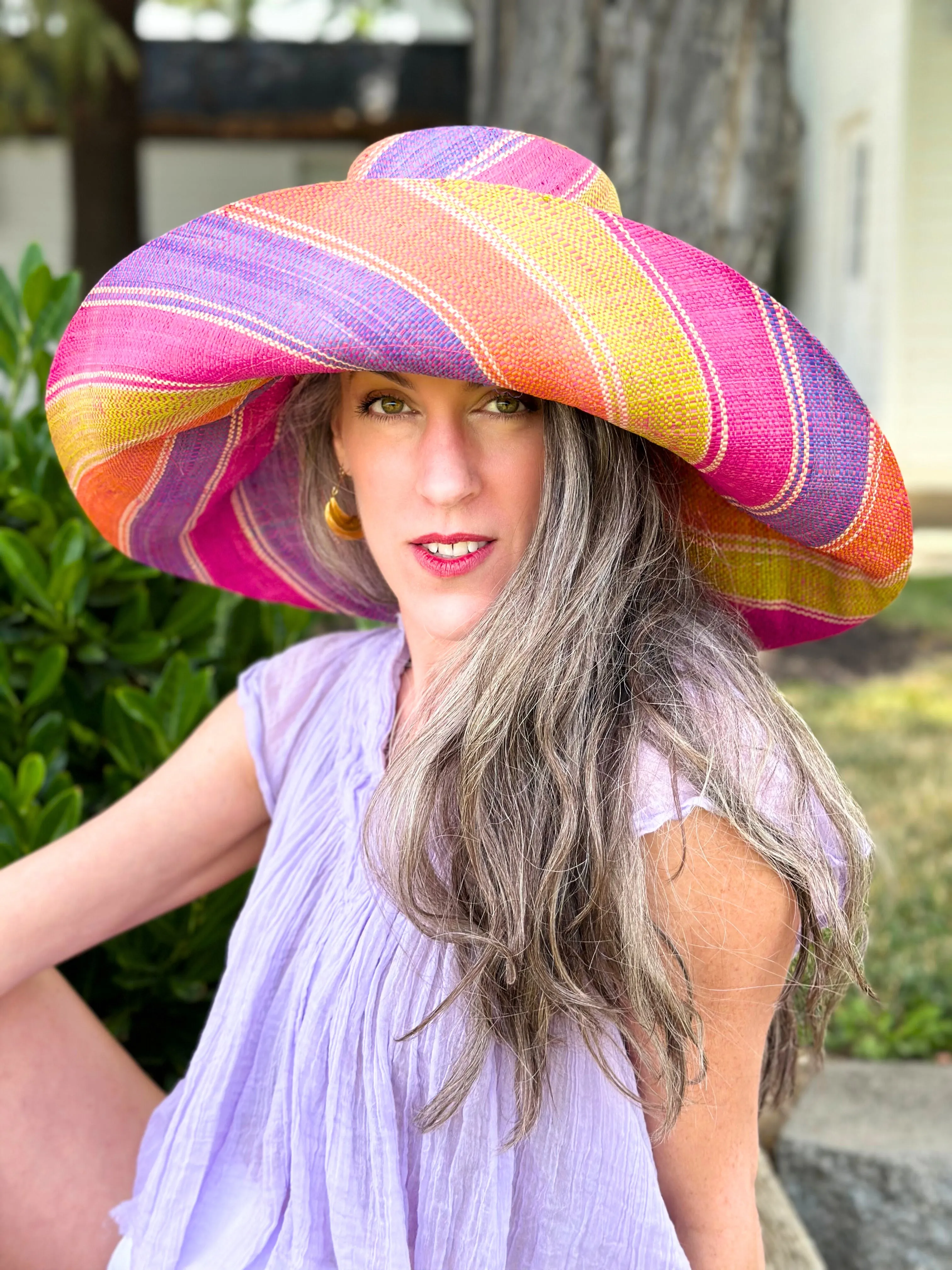 5" & 7" Wide Brim Multicolor Stripe Pattern Packable Straw Sun Hats