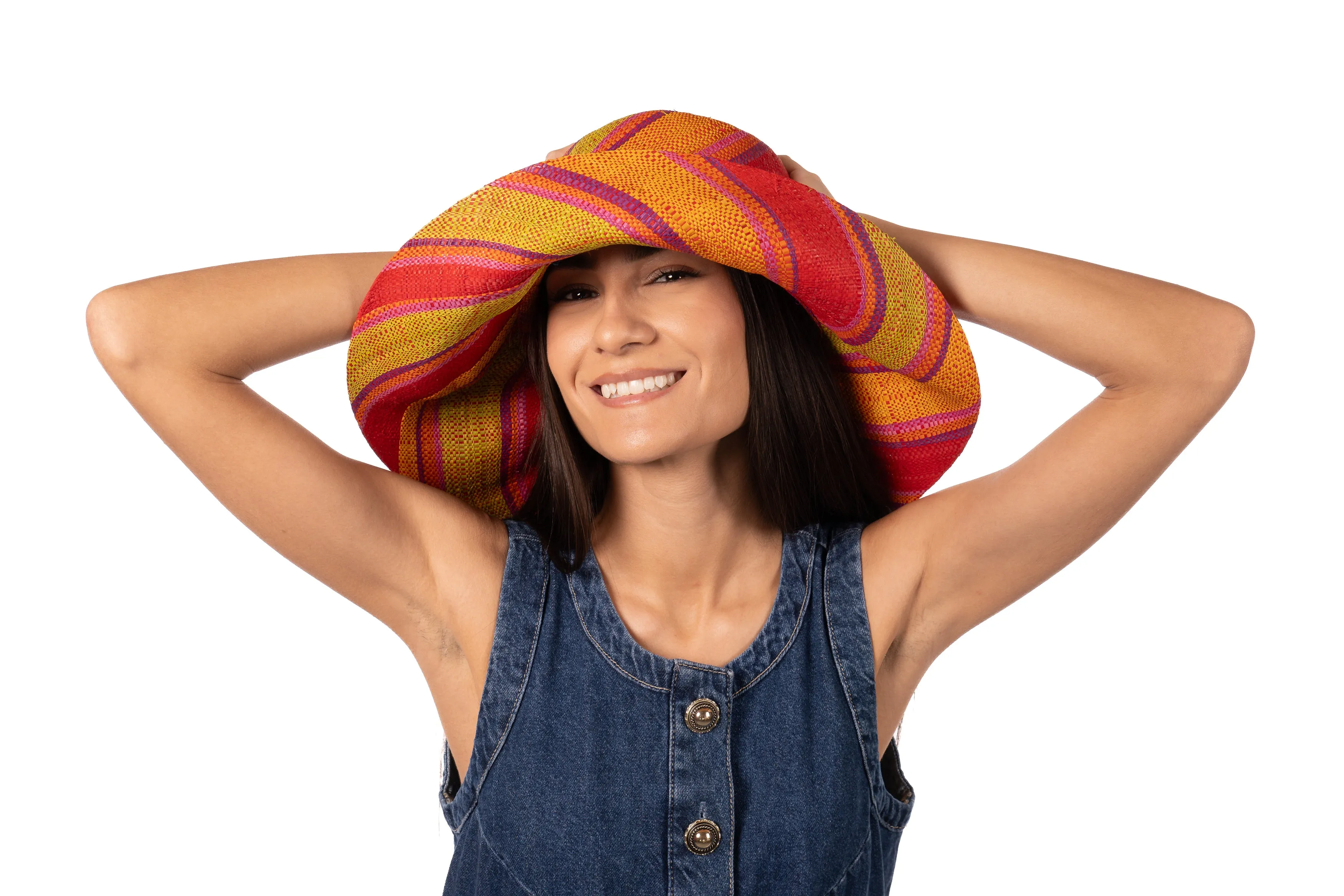 5" & 7" Wide Brim Multicolor Stripe Pattern Packable Straw Sun Hats
