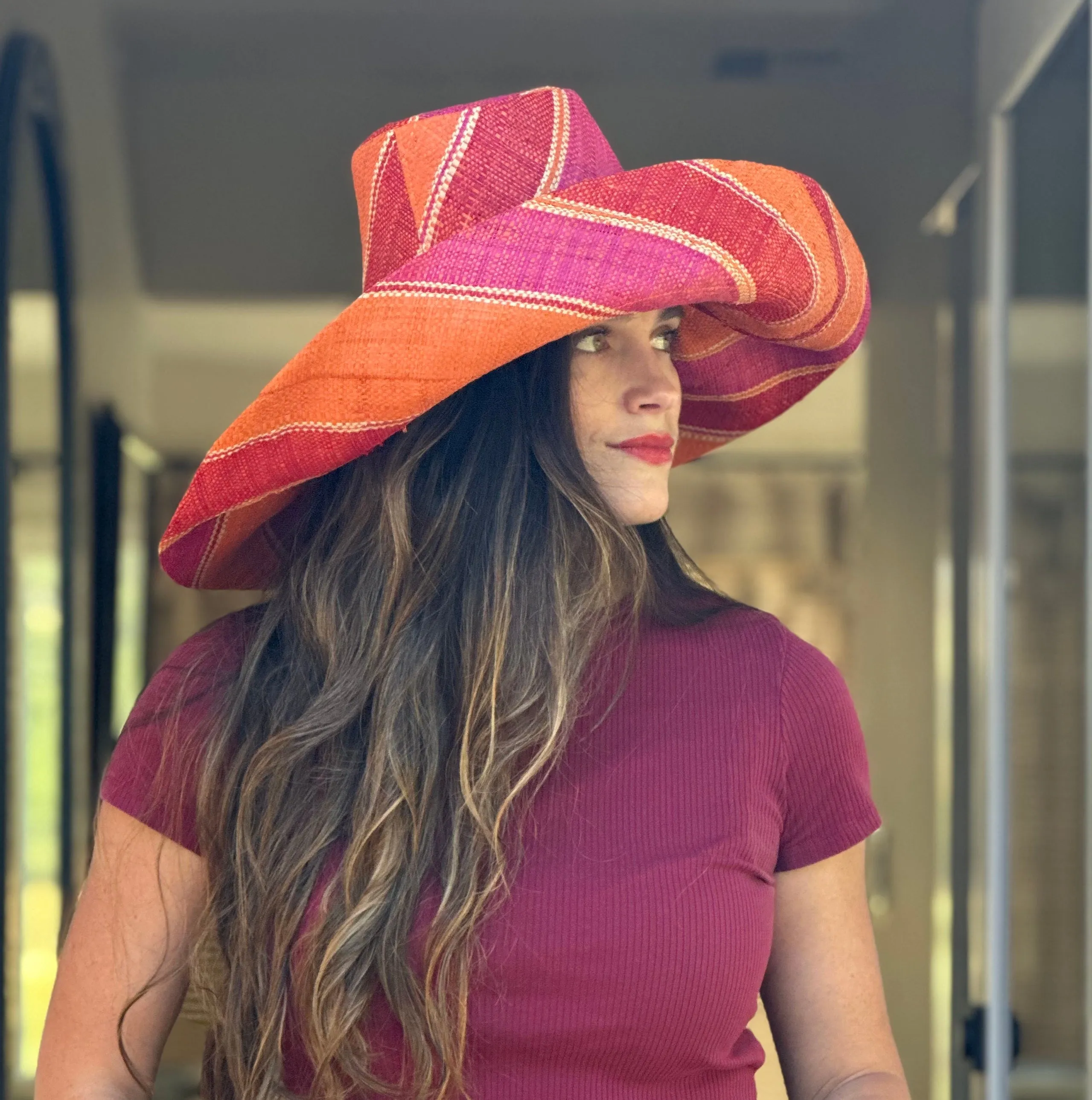 5" & 7" Wide Brim Multicolor Stripe Pattern Packable Straw Sun Hats