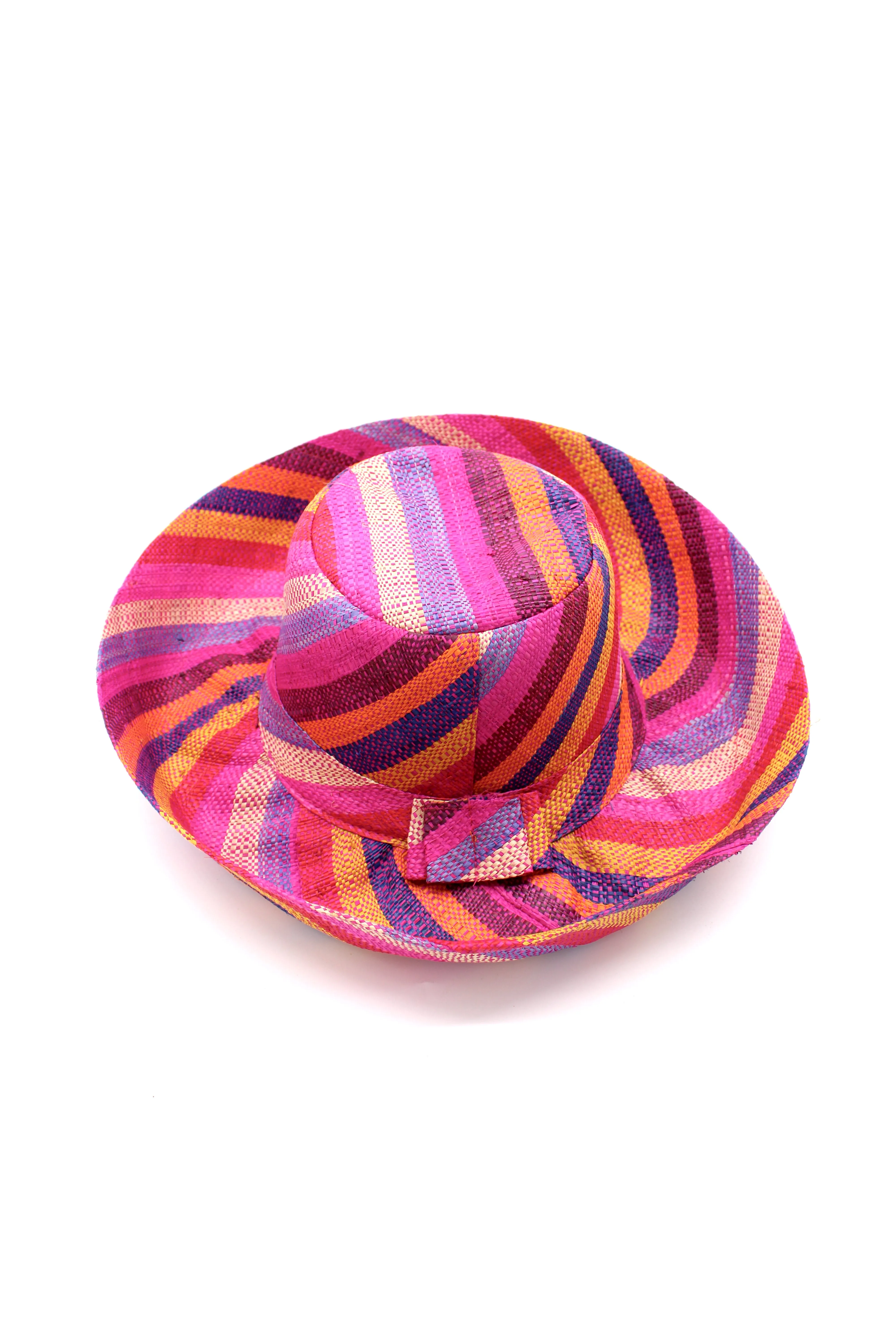 5" & 7" Wide Brim Multicolor Stripe Pattern Packable Straw Sun Hats