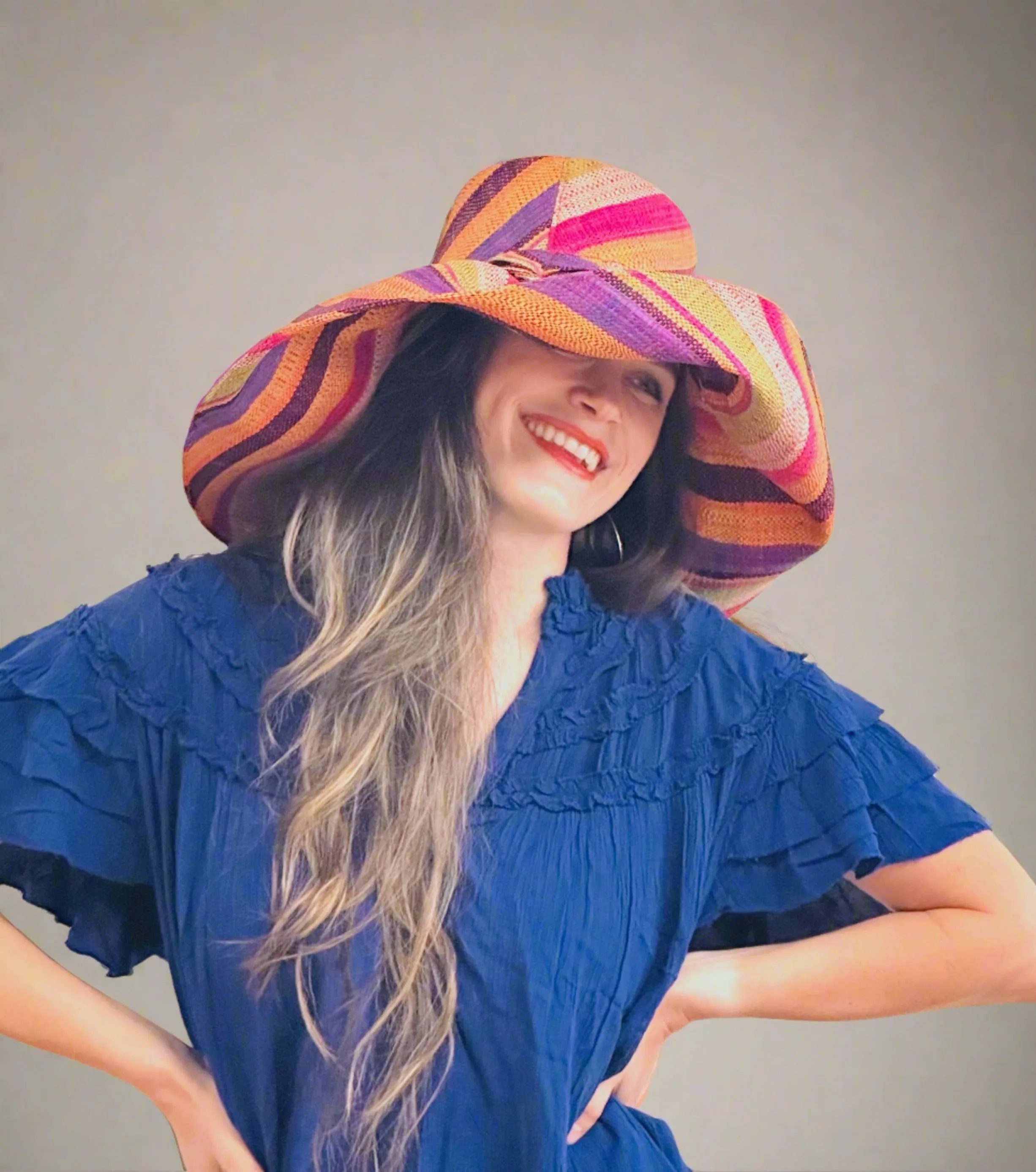 5" & 7" Wide Brim Multicolor Stripe Pattern Packable Straw Sun Hats
