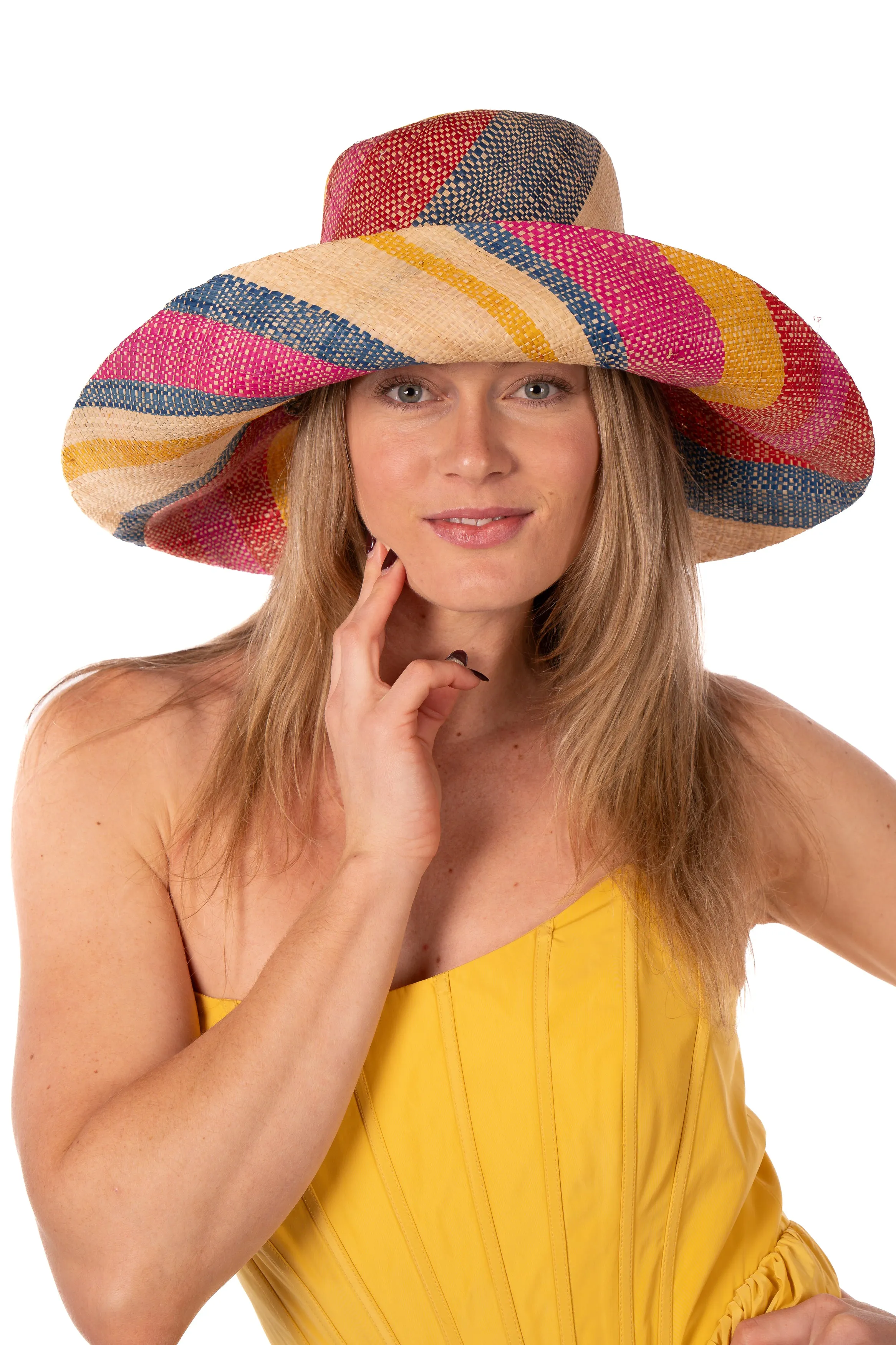 5" & 7" Wide Brim Multicolor Stripe Pattern Packable Straw Sun Hats