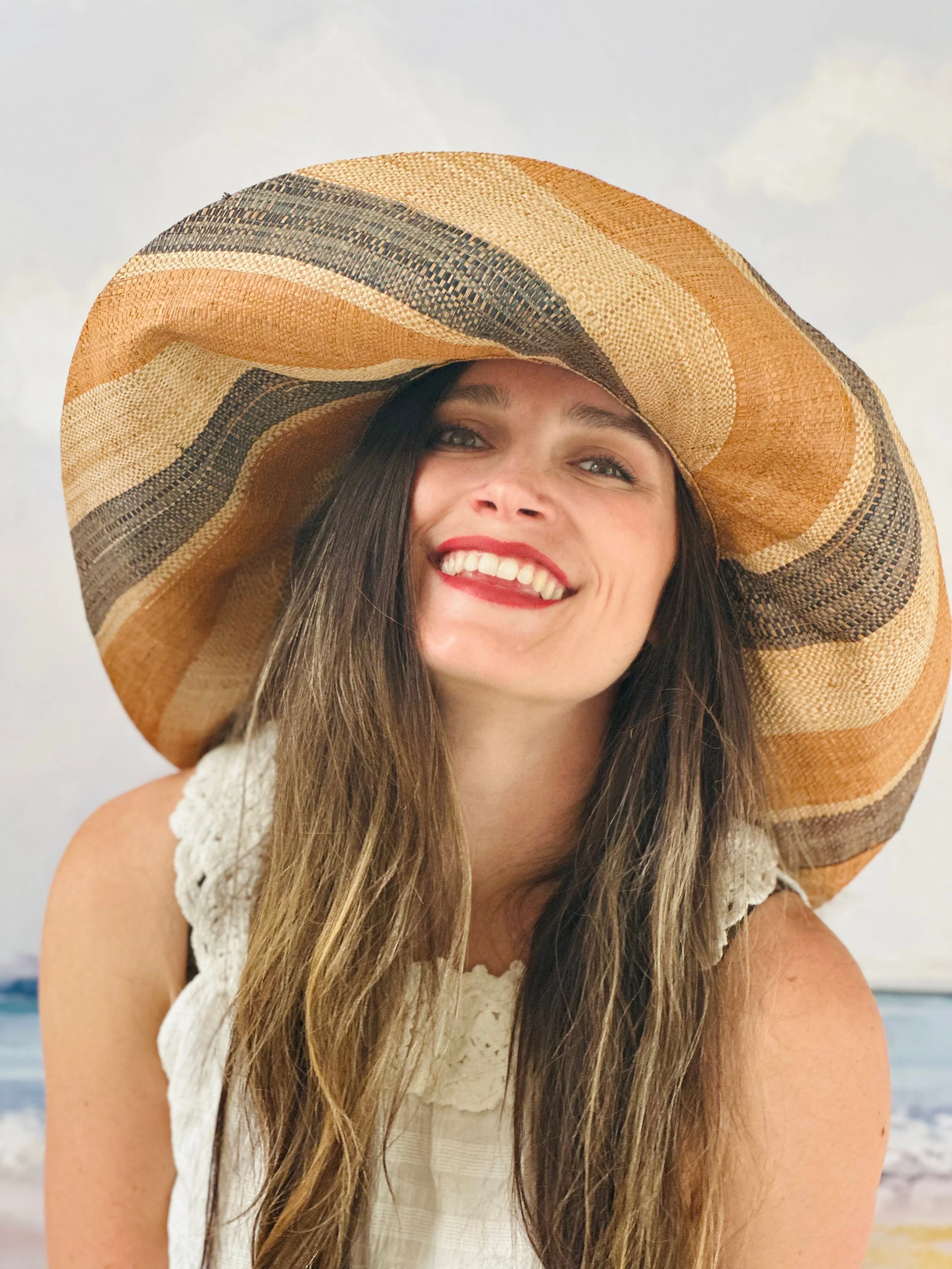 5" & 7" Wide Brim Multicolor Stripe Pattern Packable Straw Sun Hats
