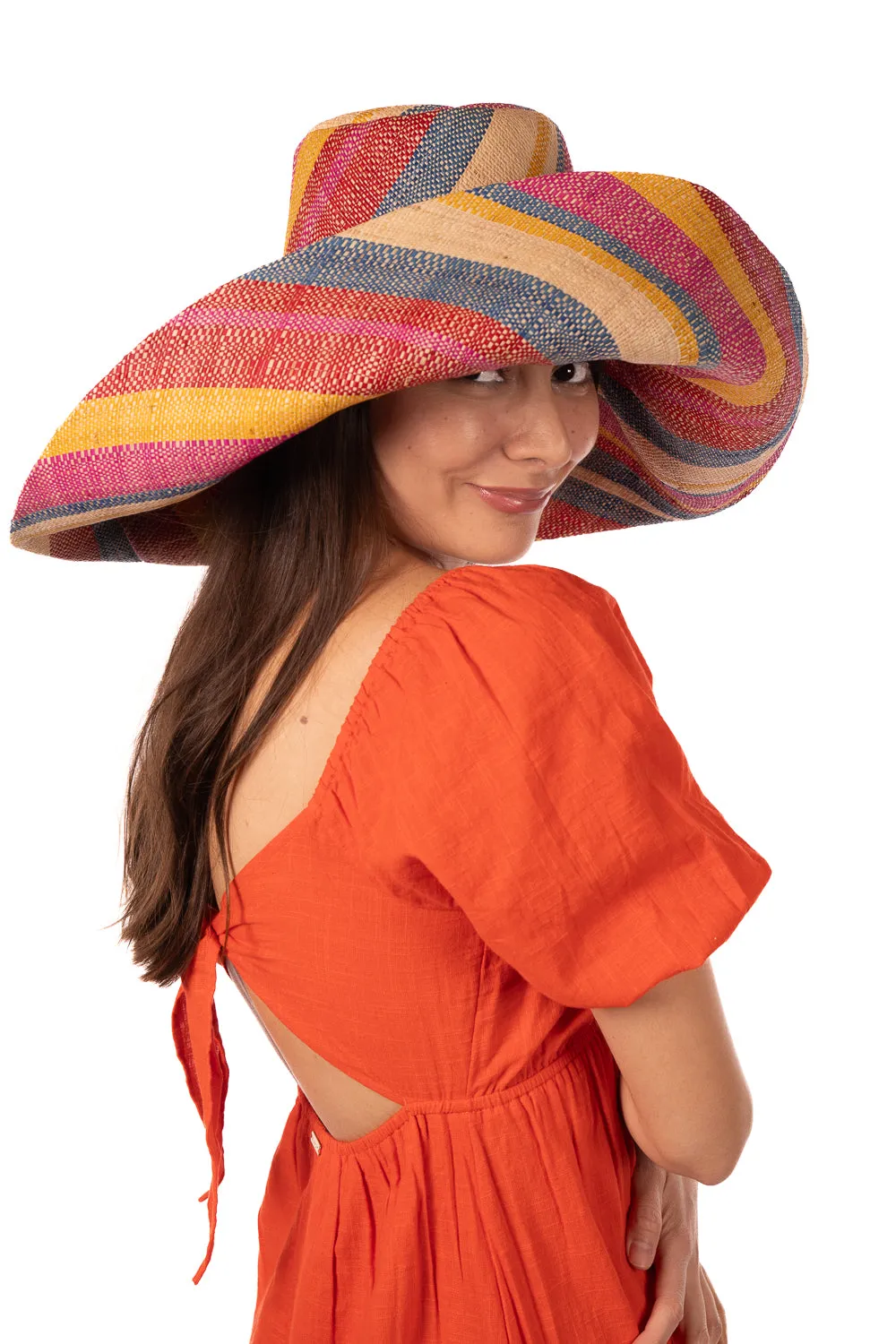 5" & 7" Wide Brim Multicolor Stripe Pattern Packable Straw Sun Hats