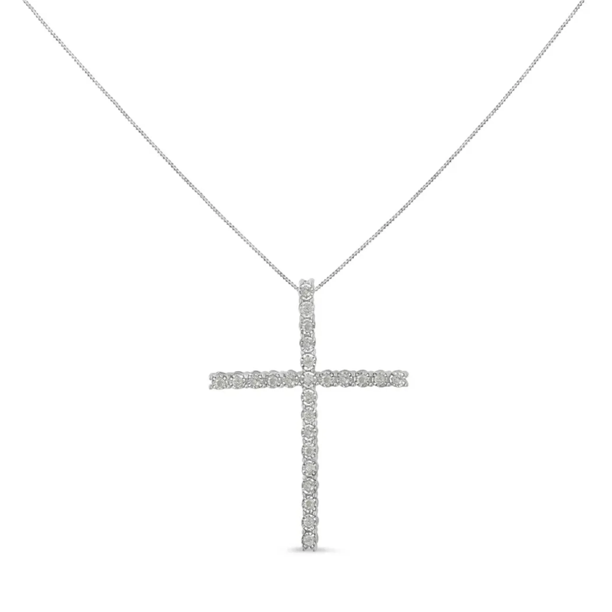 .925 Sterling Silver 1/2 Cttw Brilliant Cut Diamond Miracle-Set Cross 18" Unisex Pendant Necklace (I-J Color, I3 Clarity)