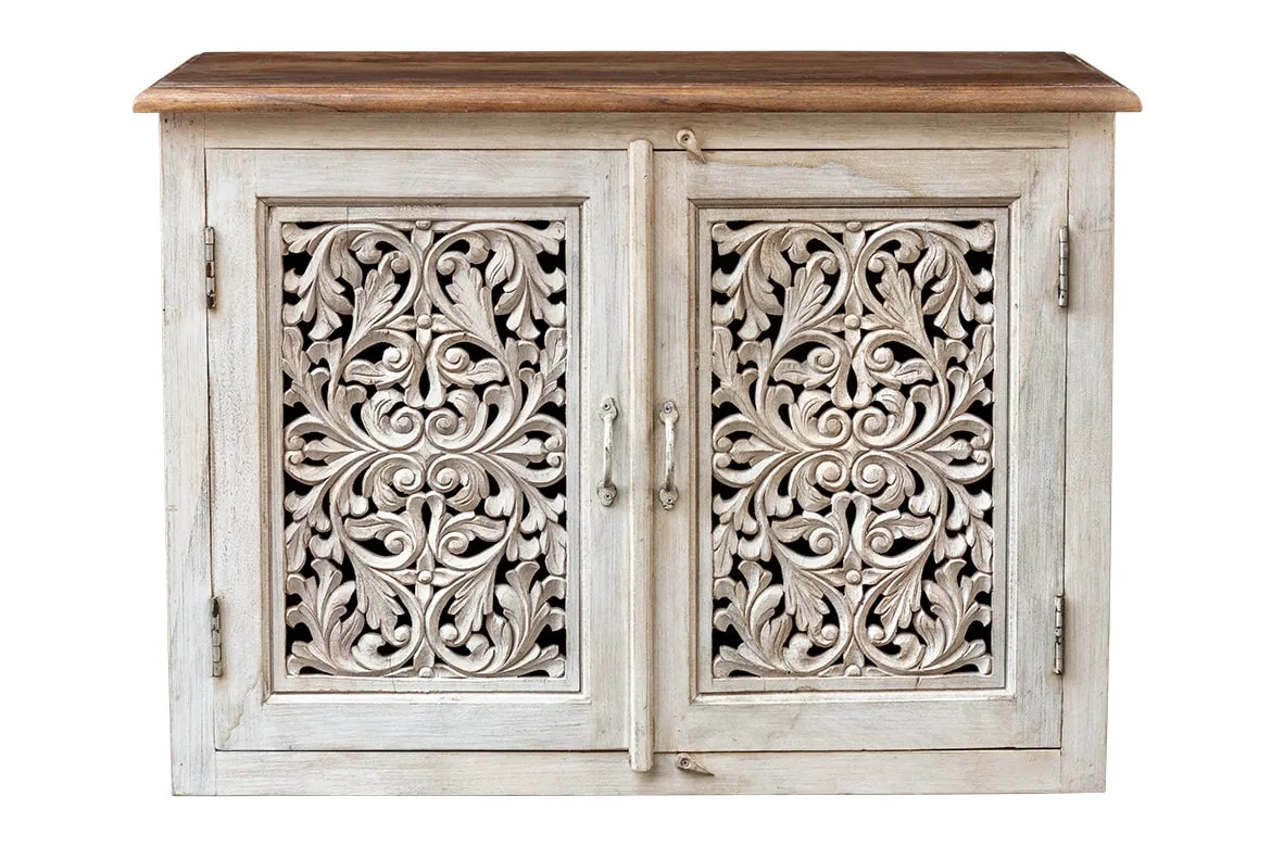 Antique Indian Jali Hand Carved Solid Wooden Cabinet Whitewash 95x45x70cm A0114