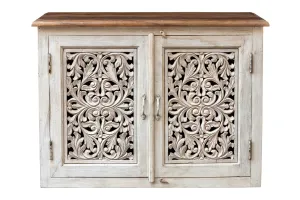 Antique Indian Jali Hand Carved Solid Wooden Cabinet Whitewash 95x45x70cm A0114
