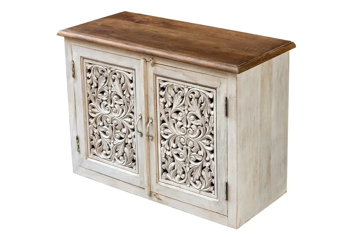Antique Indian Jali Hand Carved Solid Wooden Cabinet Whitewash 95x45x70cm A0114