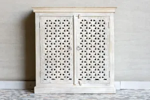 Antique Indian Jali Hand Carved Solid Wooden Cabinet Whitewash 97x40x99cm A0161