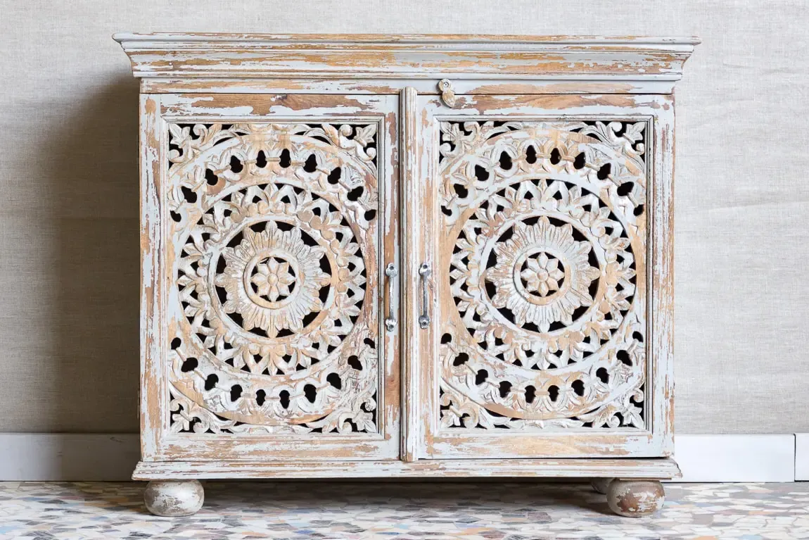 Antique Indian Jali Hand Carved Solid Wooden Cabinet Whitewash107x45x88cm A0170
