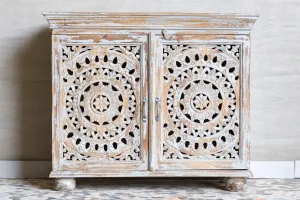 Antique Indian Jali Hand Carved Solid Wooden Cabinet Whitewash107x45x88cm A0170