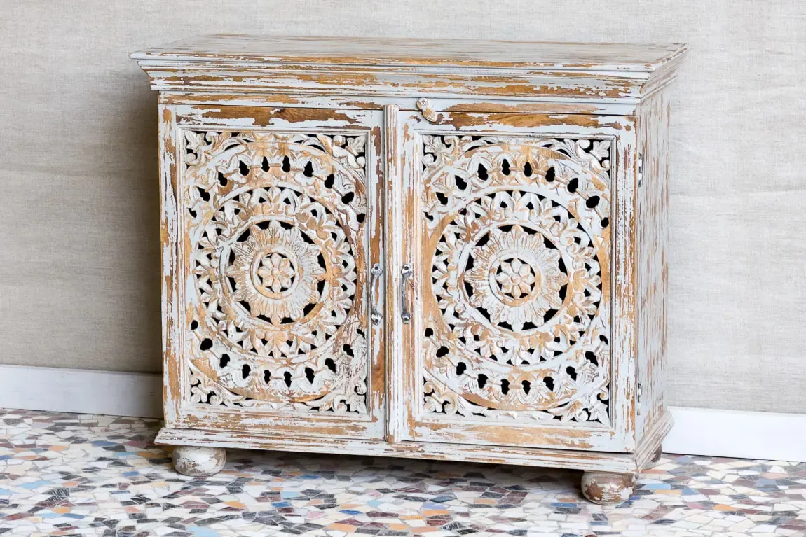 Antique Indian Jali Hand Carved Solid Wooden Cabinet Whitewash107x45x88cm A0170