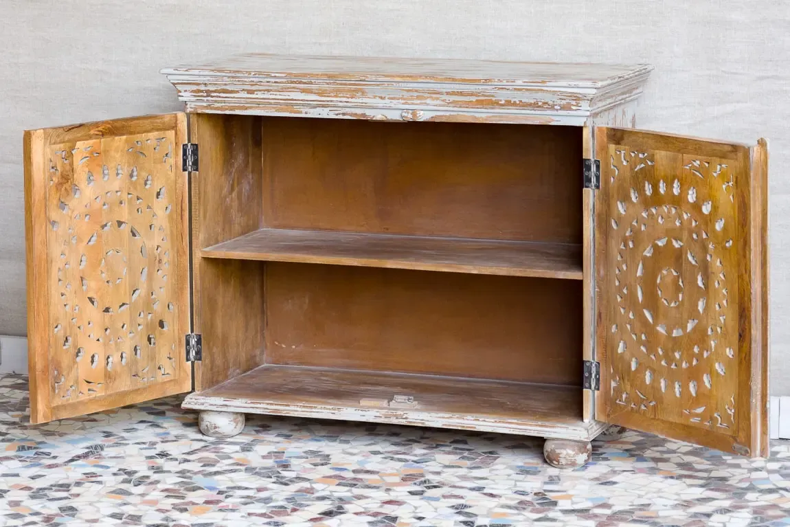 Antique Indian Jali Hand Carved Solid Wooden Cabinet Whitewash107x45x88cm A0170