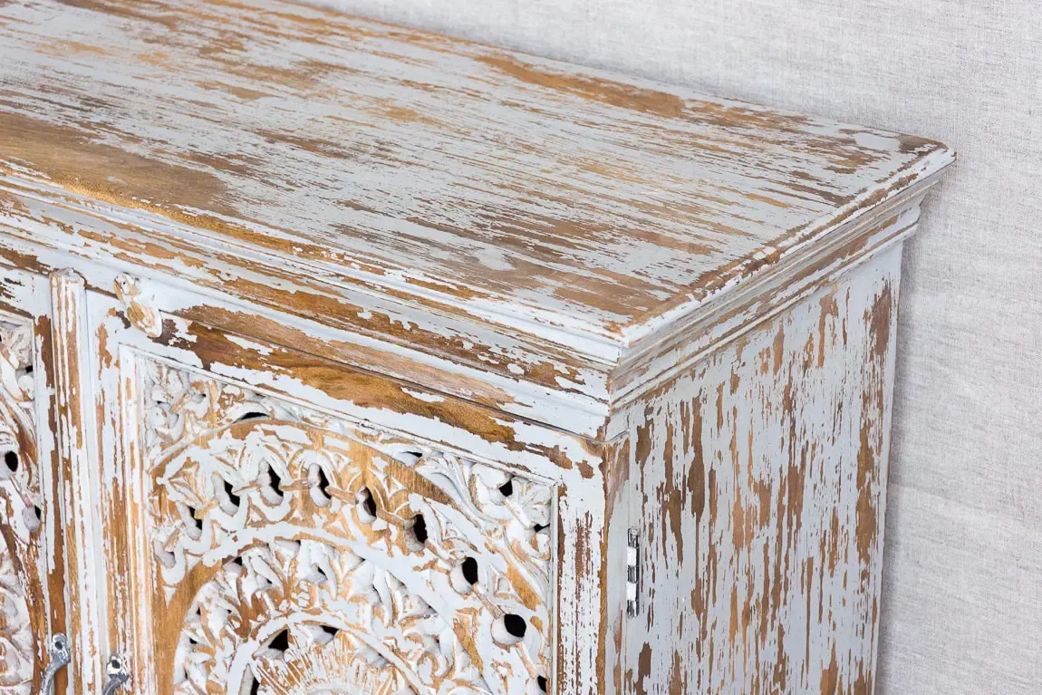 Antique Indian Jali Hand Carved Solid Wooden Cabinet Whitewash107x45x88cm A0170