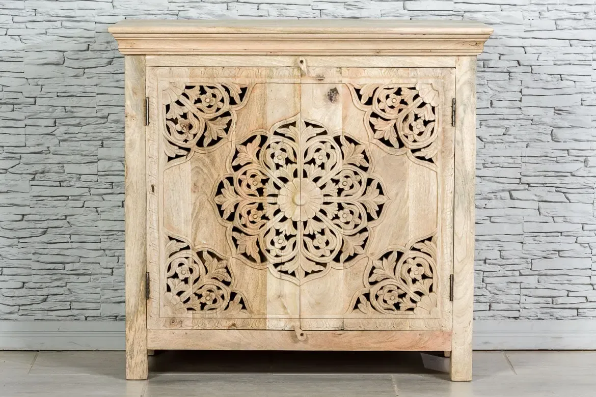 Antique Indian Jali Hand Carved Solid Wooden Sideboard Natural 94x40x89cm A081
