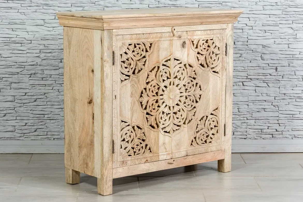Antique Indian Jali Hand Carved Solid Wooden Sideboard Natural 94x40x89cm A081