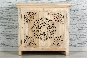 Antique Indian Jali Hand Carved Solid Wooden Sideboard Natural 94x40x89cm A081