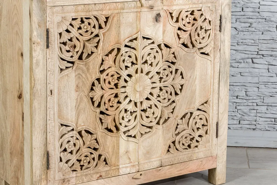 Antique Indian Jali Hand Carved Solid Wooden Sideboard Natural 94x40x89cm A081