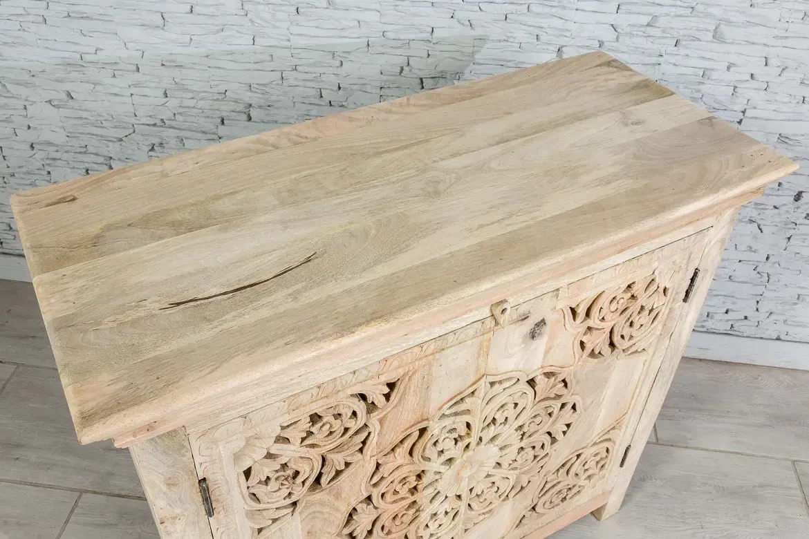 Antique Indian Jali Hand Carved Solid Wooden Sideboard Natural 94x40x89cm A081