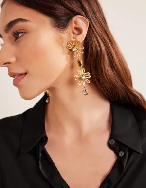 Bead Floral Drop Earrings-Gold
