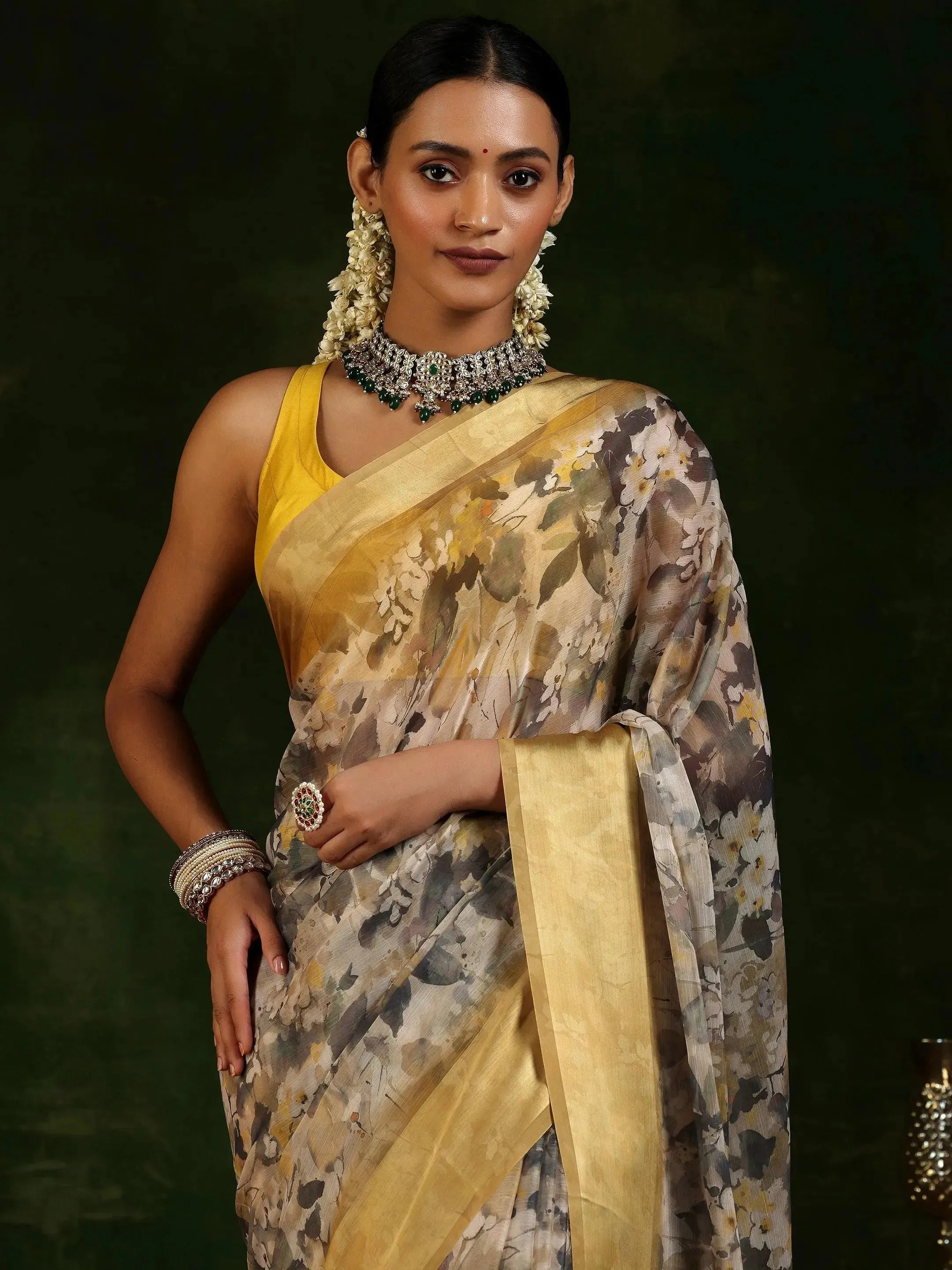 Beige Printed Poly Chiffon Saree With Unstitched Blouse Piece