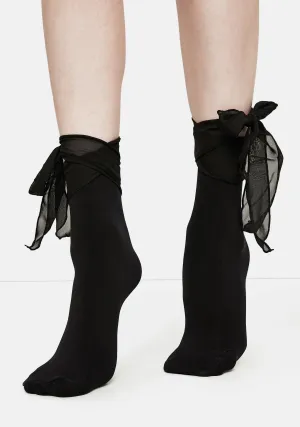 Black Ballerina Chiffon Bow Ankle Socks