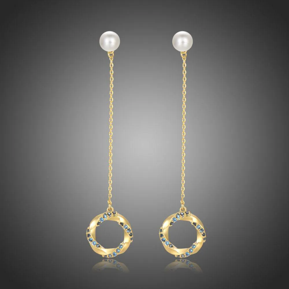 Blue Cubic Zirconia Pearl Dangle Earrings -KFJE0401