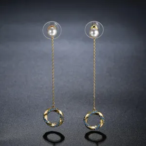 Blue Cubic Zirconia Pearl Dangle Earrings -KFJE0401