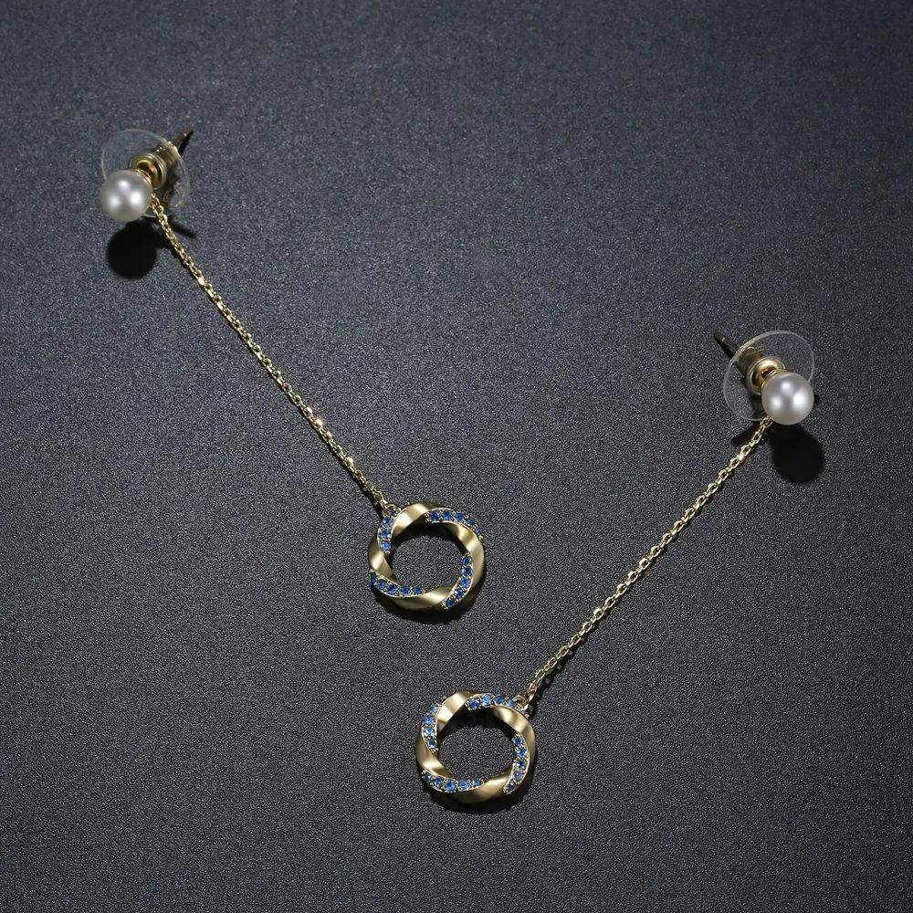 Blue Cubic Zirconia Pearl Dangle Earrings -KFJE0401