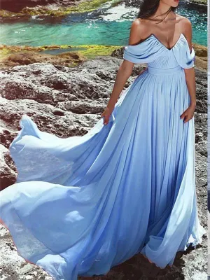 Blue Off Shoulders Flowy Chiffon Beach Wedding Dress