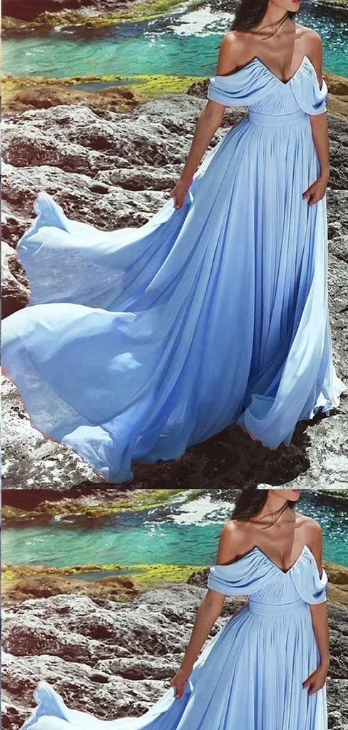 Blue Off Shoulders Flowy Chiffon Beach Wedding Dress