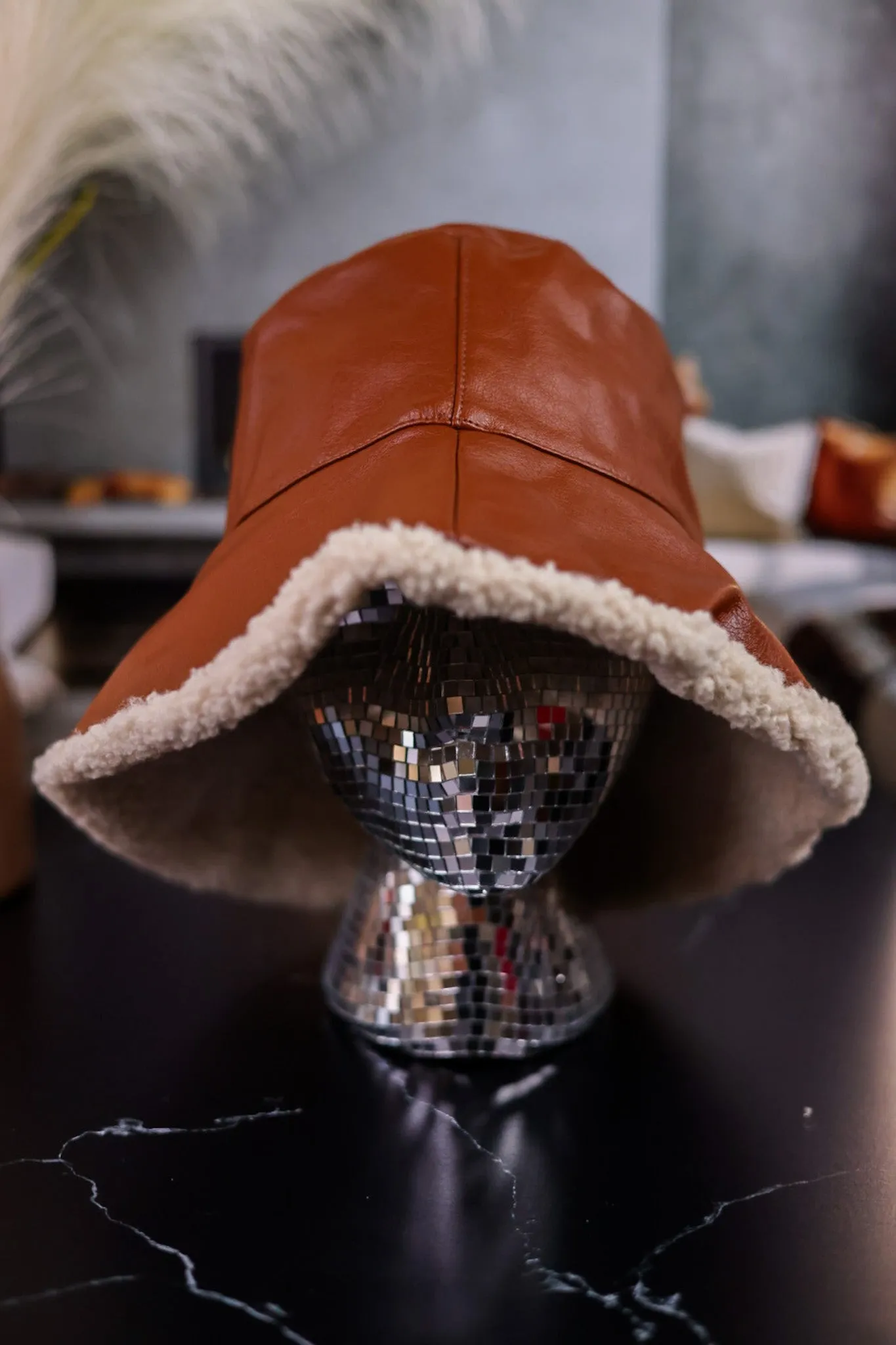 Brown Faux Leather Bucket Hat with Sherpa Lining