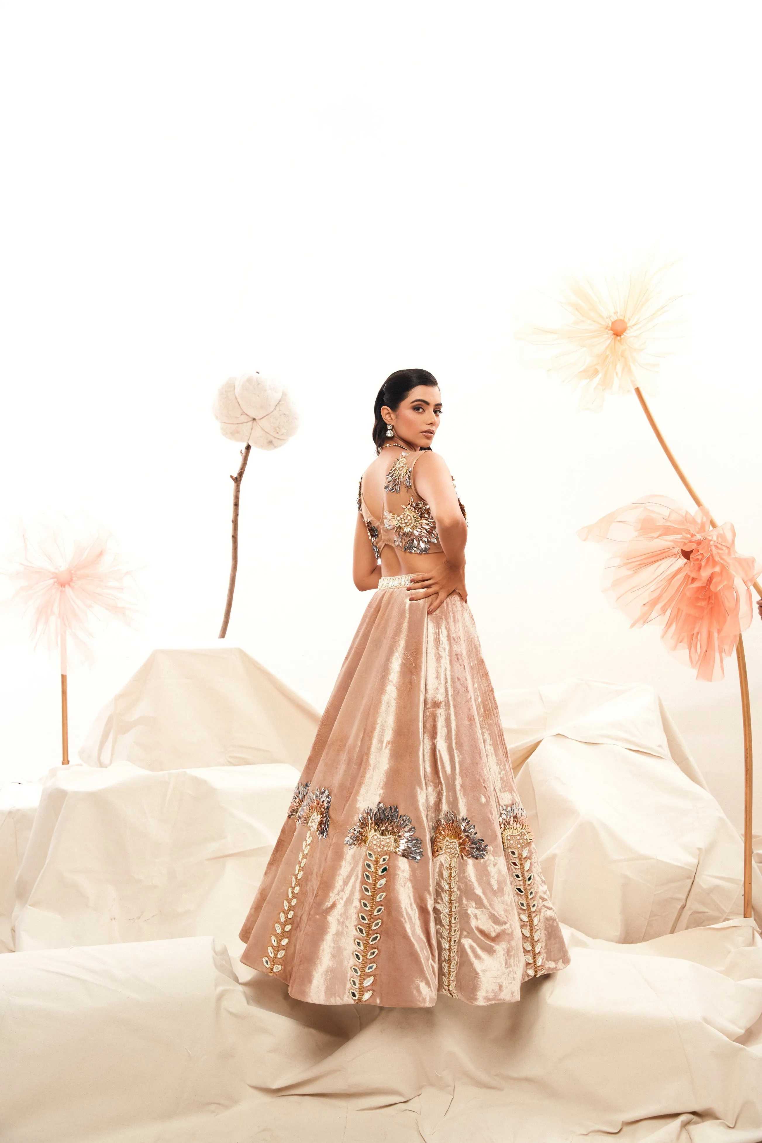 Champaign colour velvet lehenga