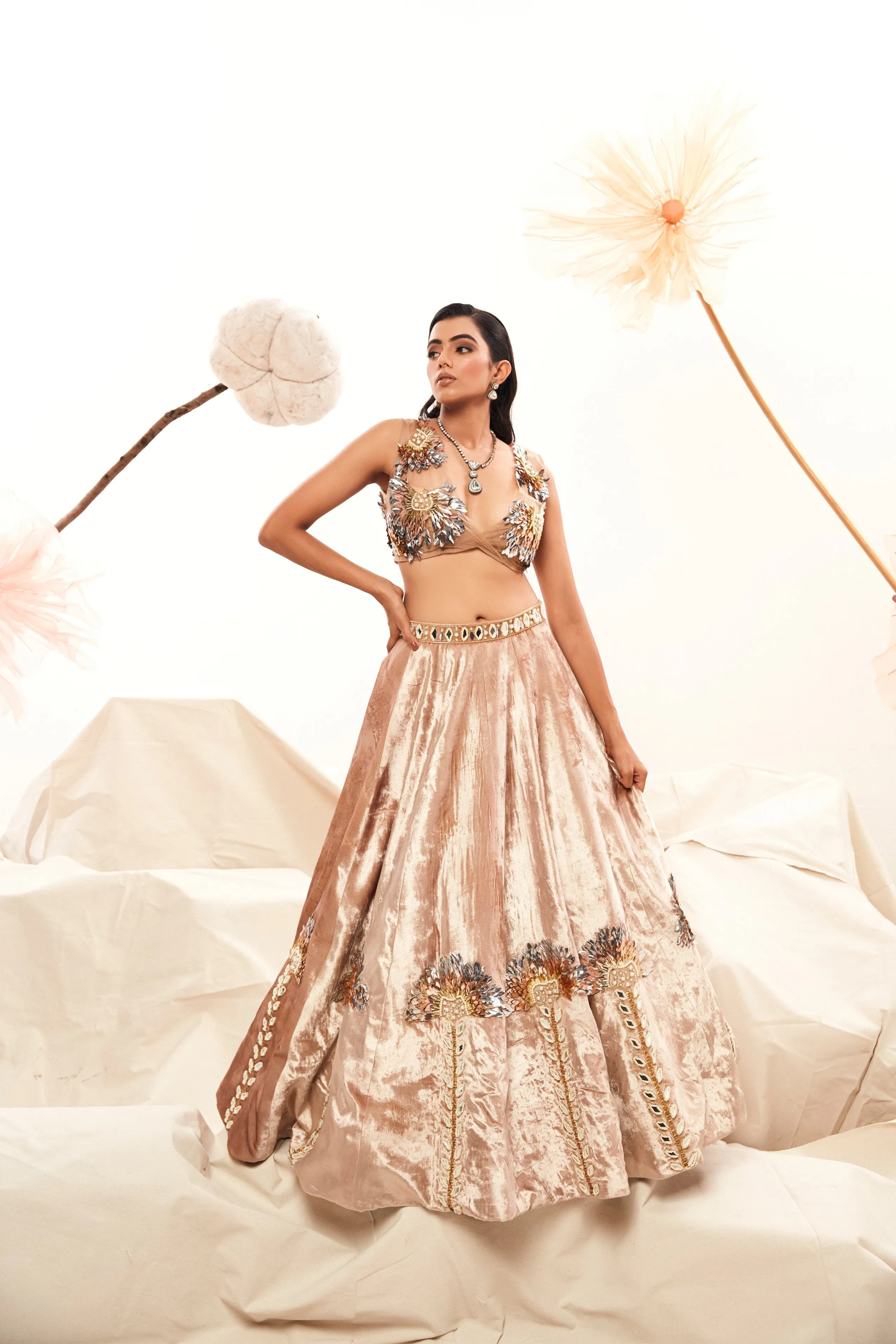 Champaign colour velvet lehenga