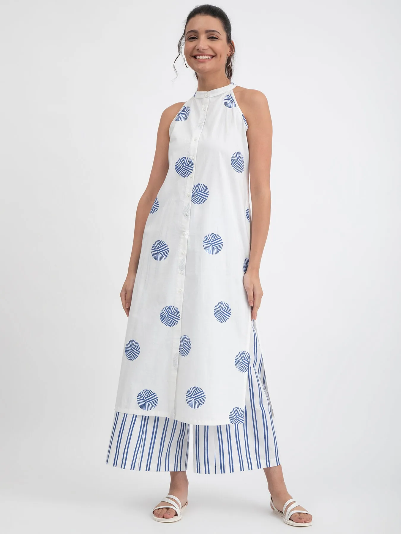 Cotton Poplin Polka Halterneck Kurta - White