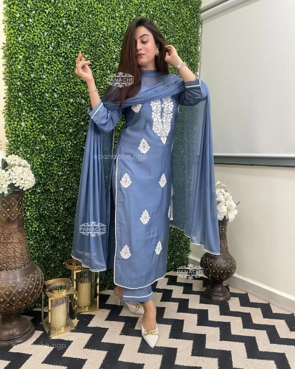 Embroidered Kurta Set with Chiffon Dupatta