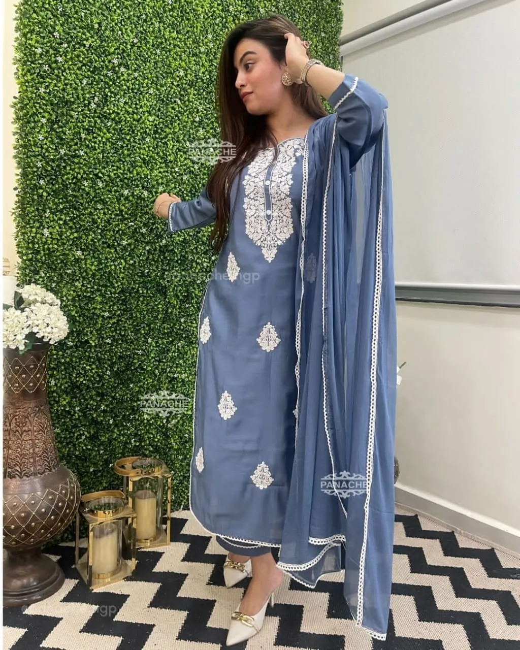 Embroidered Kurta Set with Chiffon Dupatta