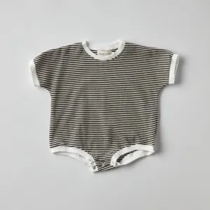 Ezra Waffle Romper in Black Stripes