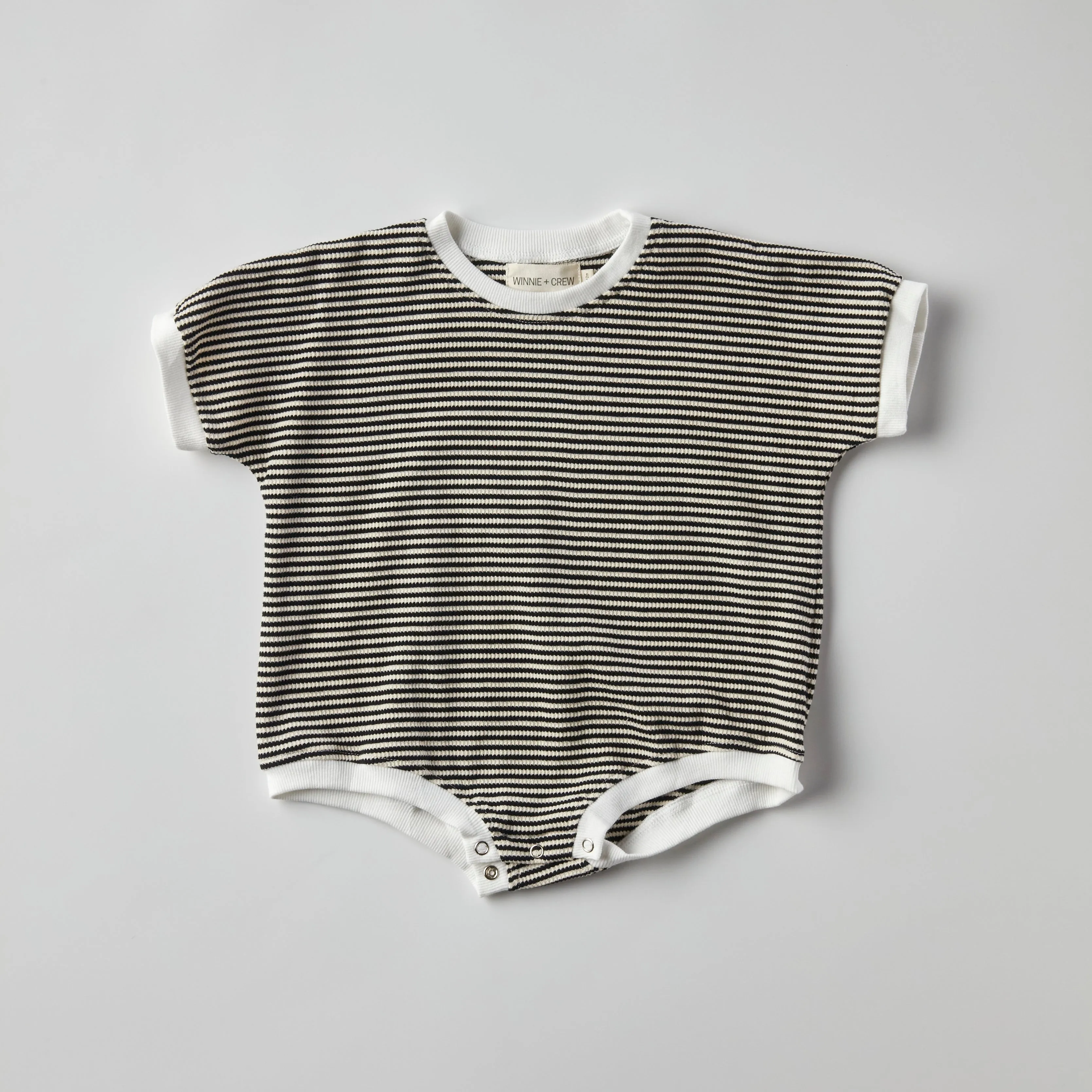 Ezra Waffle Romper in Black Stripes