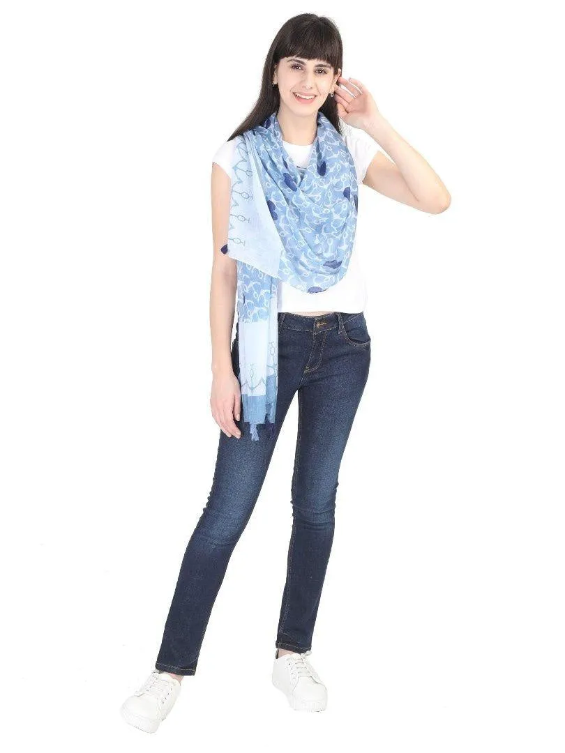 FabSeasons Blue Anchor Printed Cotton Scarf for Summer & Winter