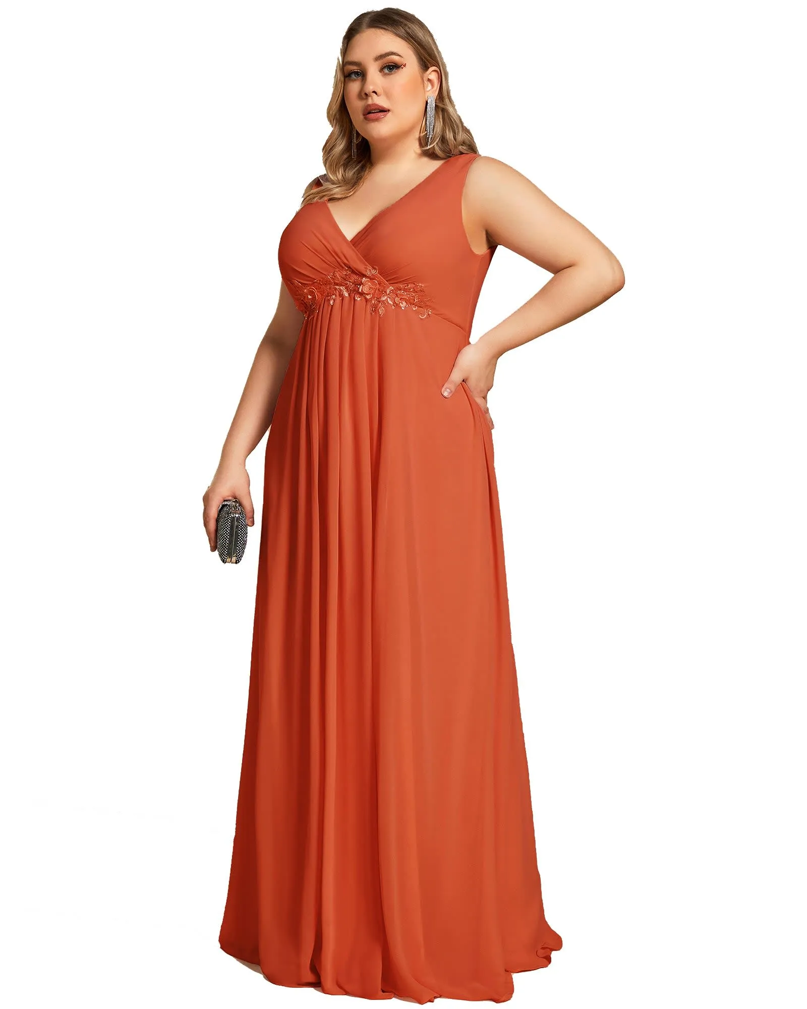 Floral Applique Sleeveless Chiffon Long Formal Evening Dress | Burnt Orange