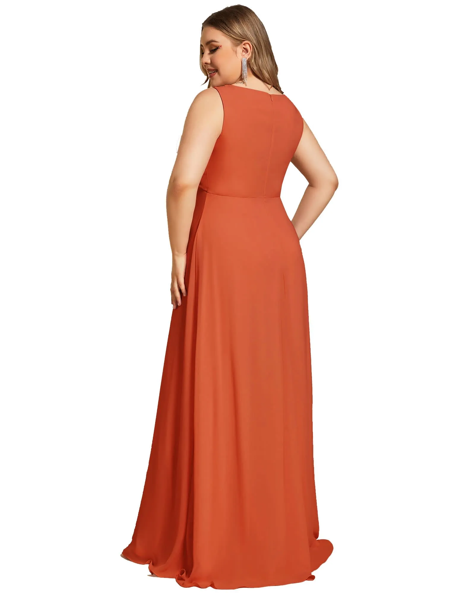 Floral Applique Sleeveless Chiffon Long Formal Evening Dress | Burnt Orange