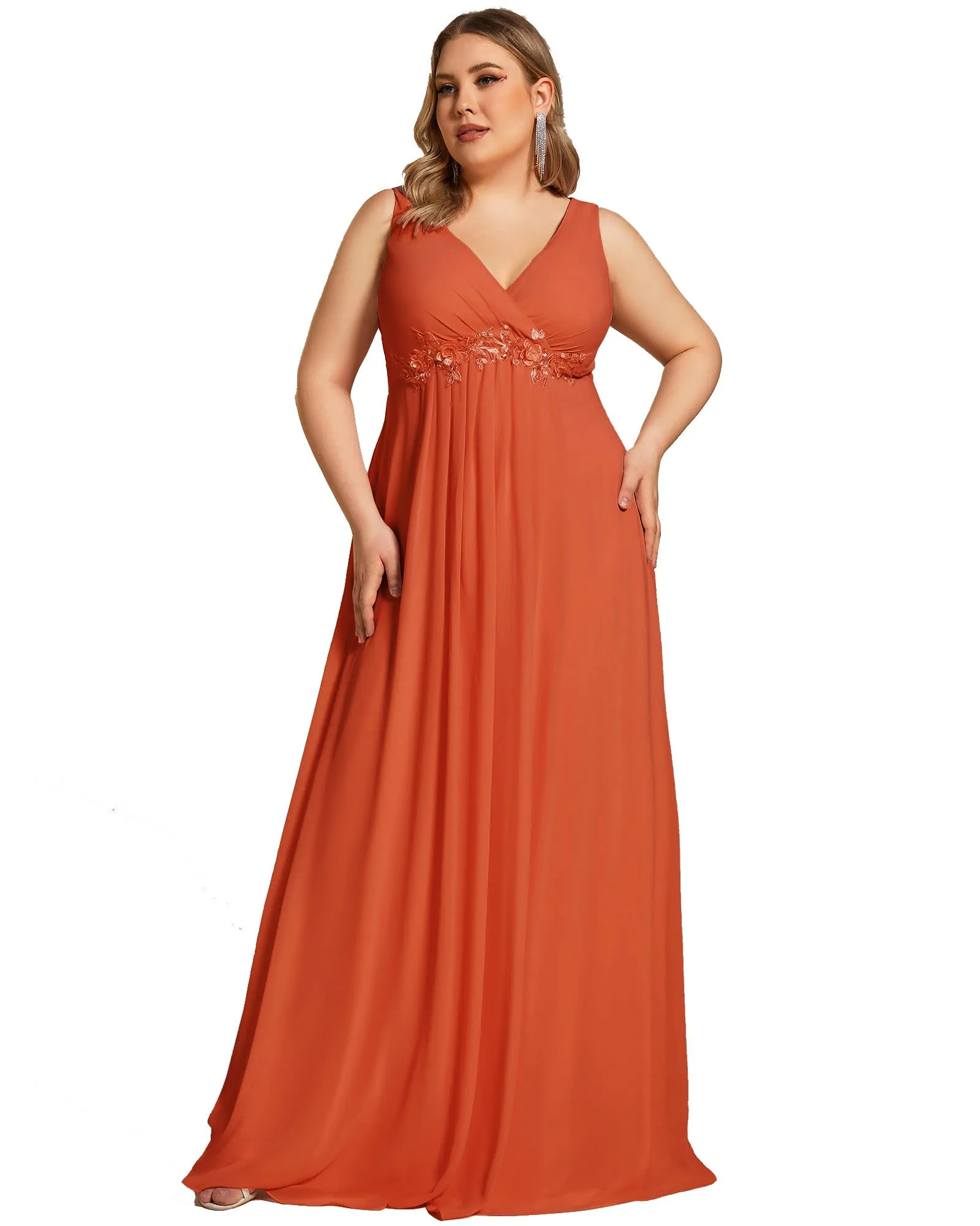 Floral Applique Sleeveless Chiffon Long Formal Evening Dress | Burnt Orange